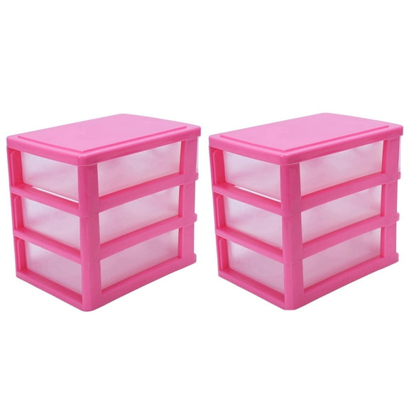 2X Mini Translucent Drawer Type Plastic Storage Box（Rose Red 3 Layers）