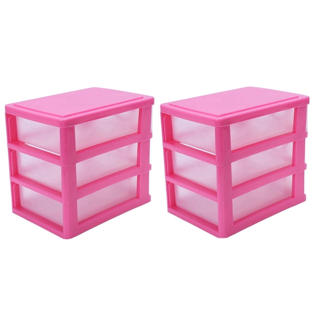 2X Mini Caja de Almacenamiento de Plástico Tipo Cajón Translúcido (Rosa Rojo 3 )