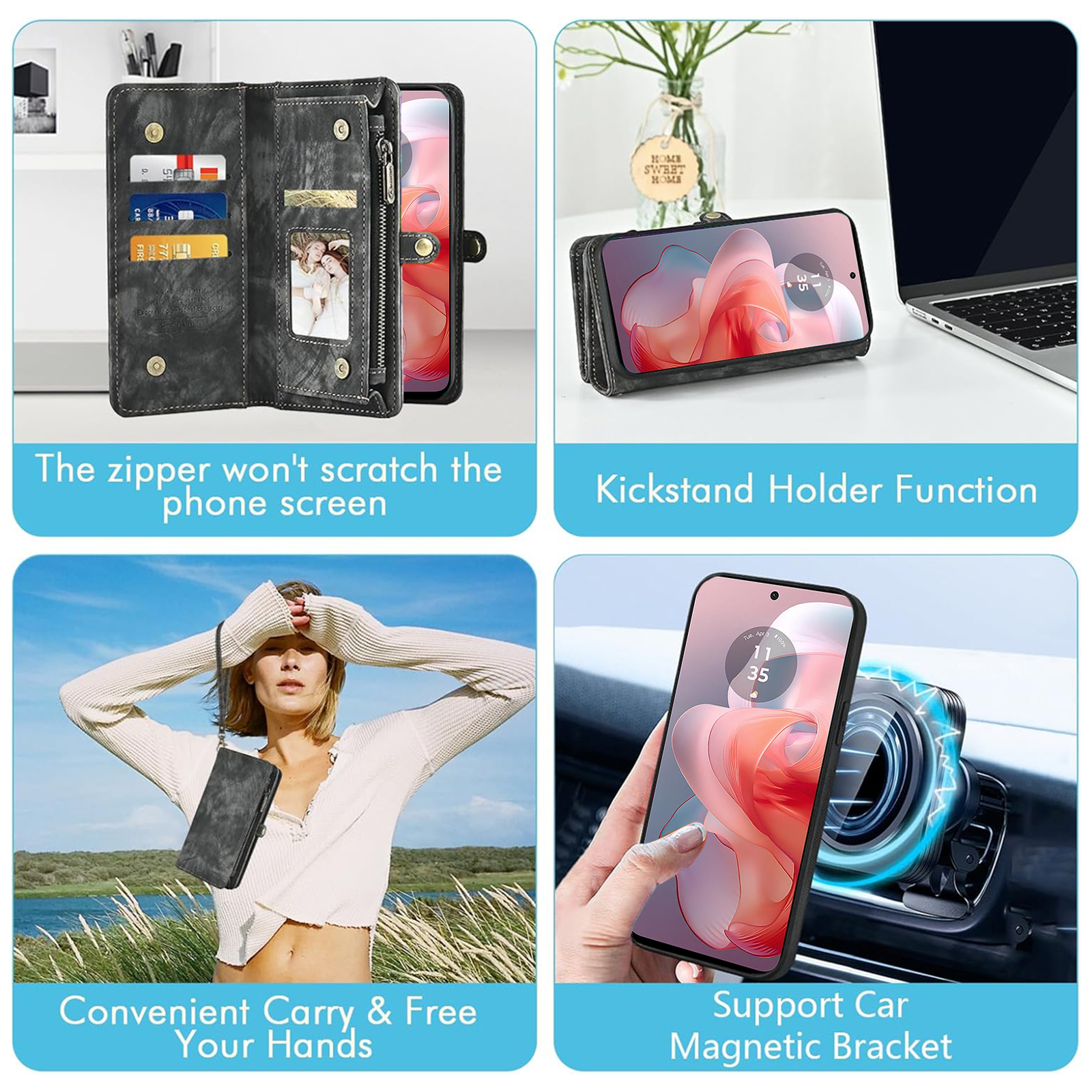 Asuwish Compatible with Motorola Moto G Power 5G 2024 Phone Case Zipper Wallet Detachable Tempered Glass Screen Protector Crossbody Lanyard Strap Flip Card Holder Cell Cover for G5 Women Girls Black