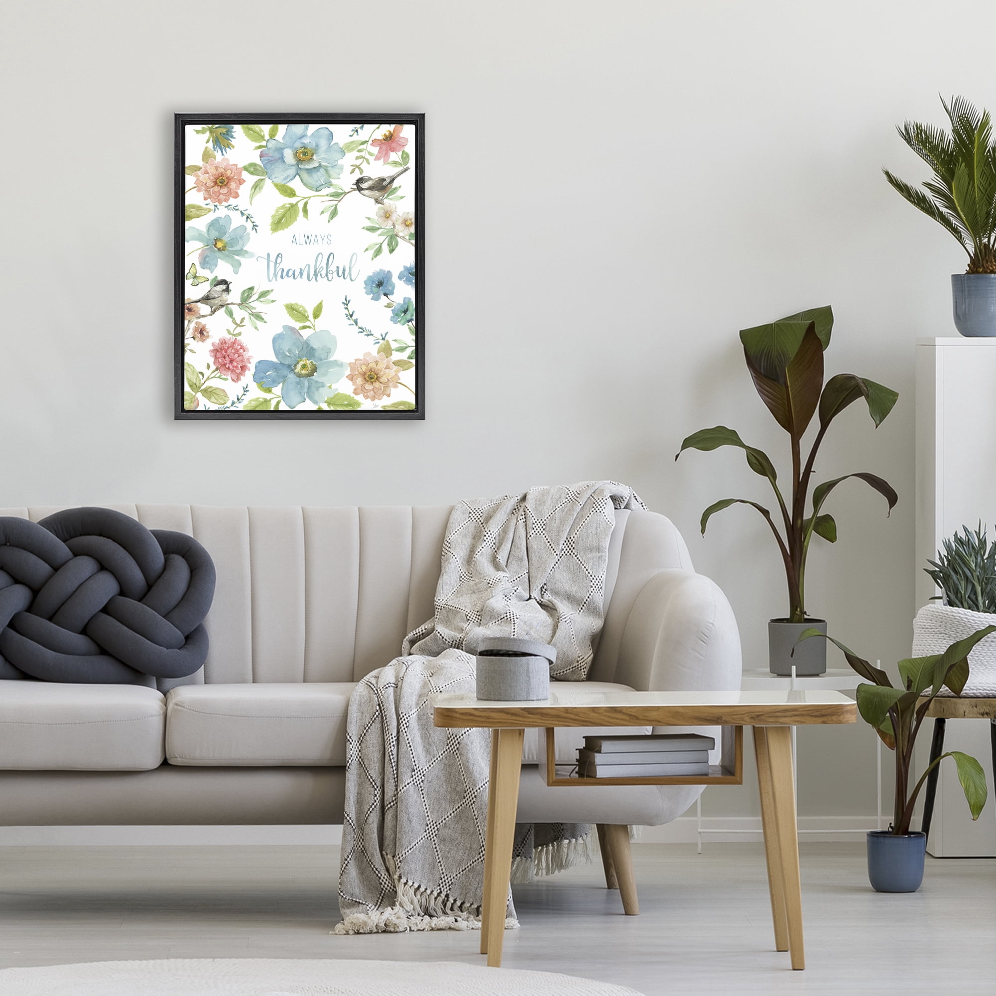 Stupell Industries Always Thankful Pink & Blue Black Framed Floater Canvas Wall Art, design by Nan