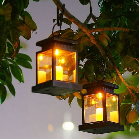 2 Pack Solar Lantern,Outdoor Garden Hanging Lantern-Waterproof LED Flickering Flameless Candles Mission Lantern for