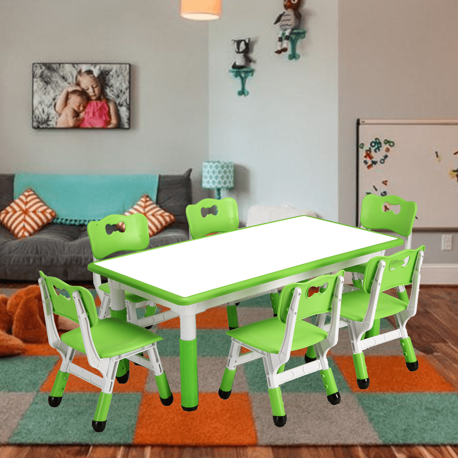 TEQIN Kids Study Table and 6 Chairs Set, Height Adjustable Toddler Table & Chair Set for Kids Ages 2-10,  Graffiti Desktop,Anti-Slip Floor Mats, Easy-Clean Desktop for Homeschool, Preschool, Home