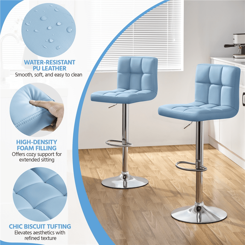 Alden Design Modern PU Leather Bar Stools with Backrest and Footrest, Set of 2, Blue