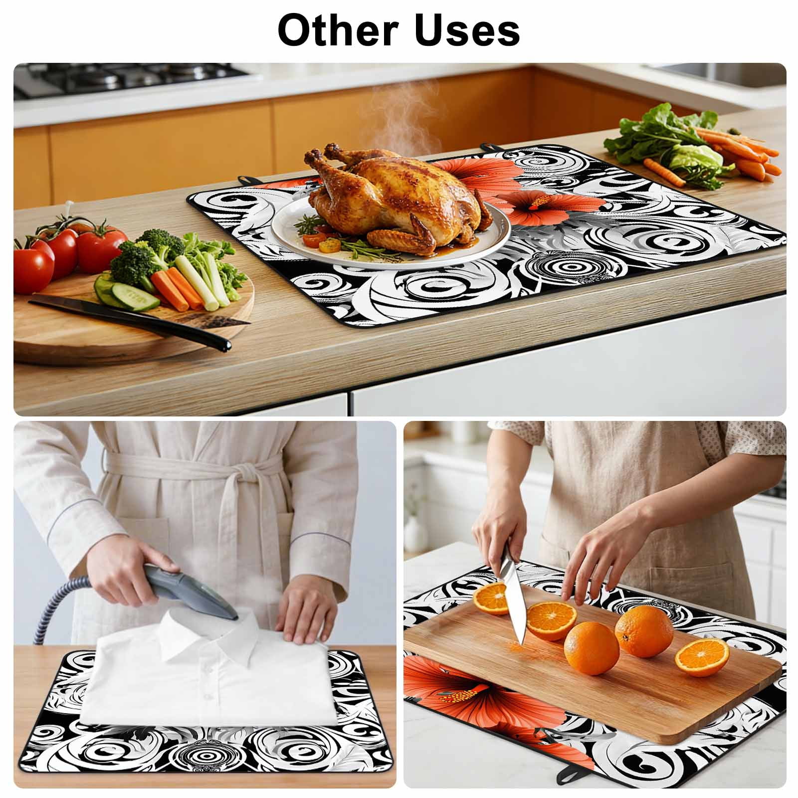 Red Black Spring Floral Stove Top Cover for Electric Stove, Heat-proof & Non Slip Glass Top Stove Cover Protector, Summer Botanical Geometric Kitchen Flat Cooktop Rubber Mat 24x21 Inches