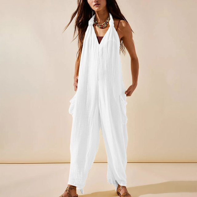 GZWYHT Combinaisons pour Femmes Salopettes pour Femmes Mode Décontractée Couleur Unie Col en V Poche Sans Manches Combinaisons pour Femmes Combinaisons pour L'Été Blanc L