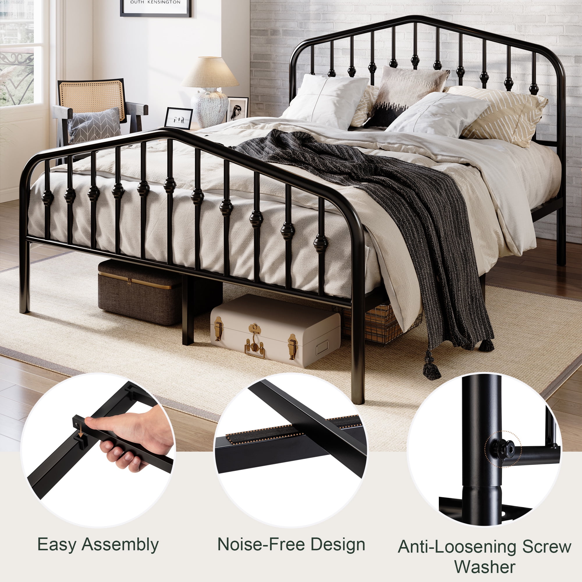 Amolife Queen Size Metal Platform Bed Frame with Victorian Vintage Headboard & Footboard, Black