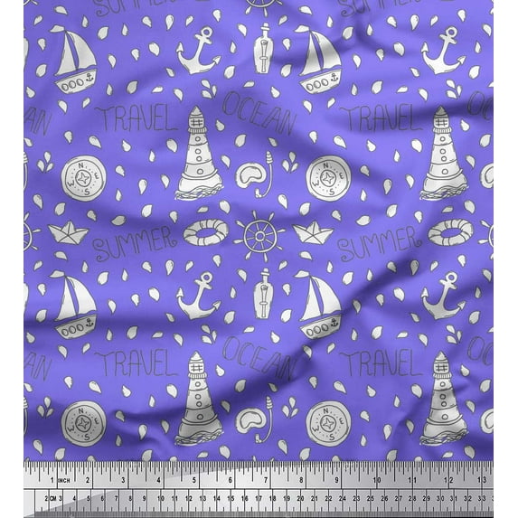 Soimoi Purple Cotton Voile Fabric Yacht & Direction Compass Nautical Decor Fabric Printed Yard 42 Inch Wide