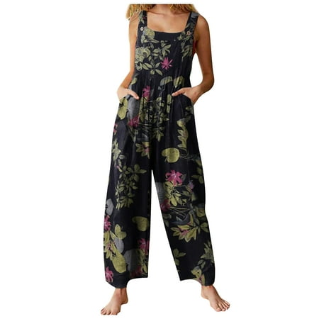 

Women Summer Boho Foral Jumpsuit Leaf Print Square Neck Sleeveless Rompers Casual Overalls with Pockets Loose Pants Jumpsuits