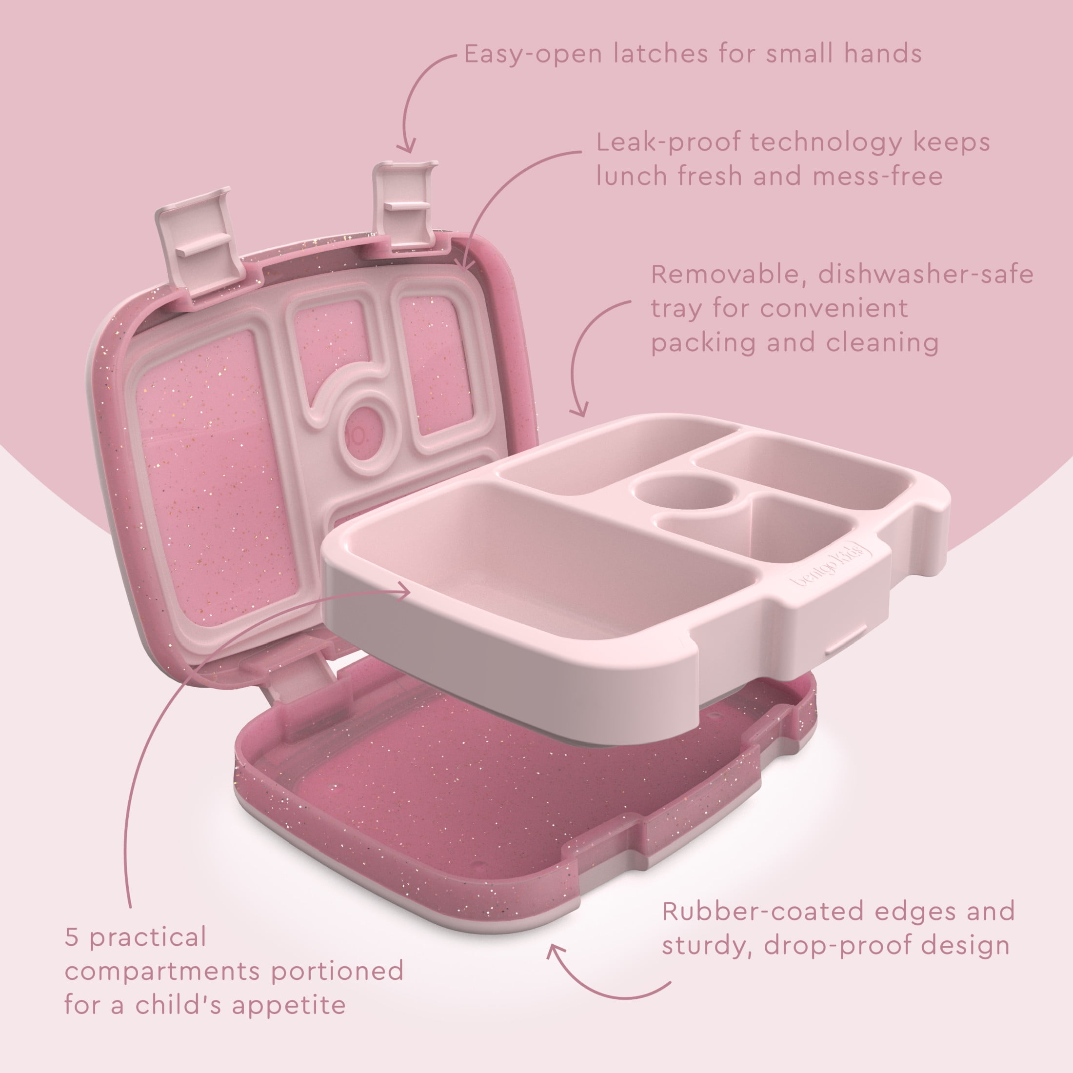 Bentgo Kids 5-Compartment Lunch Box - Glitter Design for School, Ideal for Ages 3-7, Leak-Proof, Drop-Proof, Dishwasher Safe, & Made with BPA-Free Materials (Glitter Edition - Petal Pink)