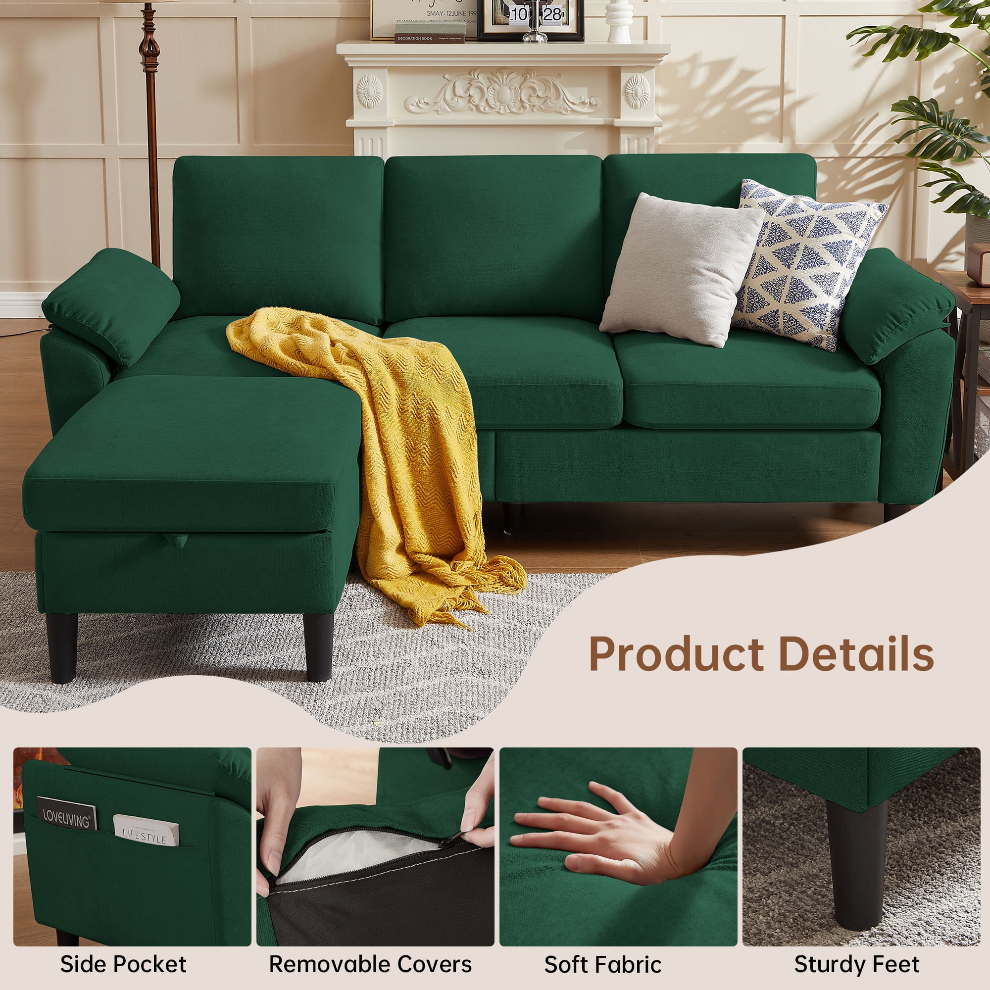 Pingliang Home 80" Sectional Sofa Couch,L Shaped 3 Seat with Reversible Storage Ottoman and Side Pockets, Modern Polyester Fabric Sofa Couches for Living Room Apartment Office Studio Small Space