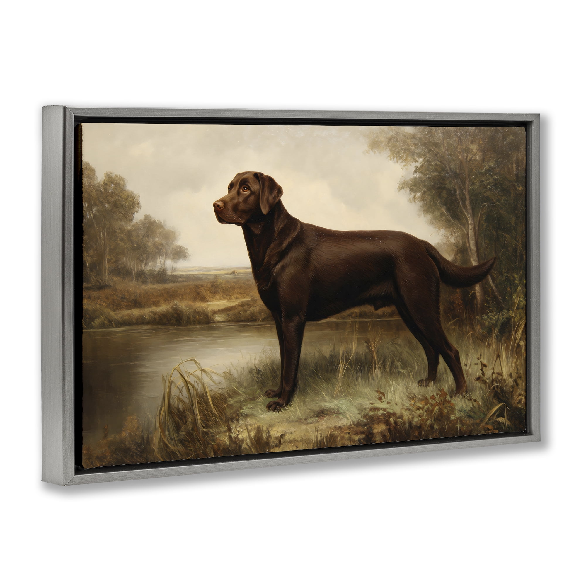 Stupell Industries Brown Lab By The River Gray Framed Floater Canvas Wall Art, design by Petal Prints Design
