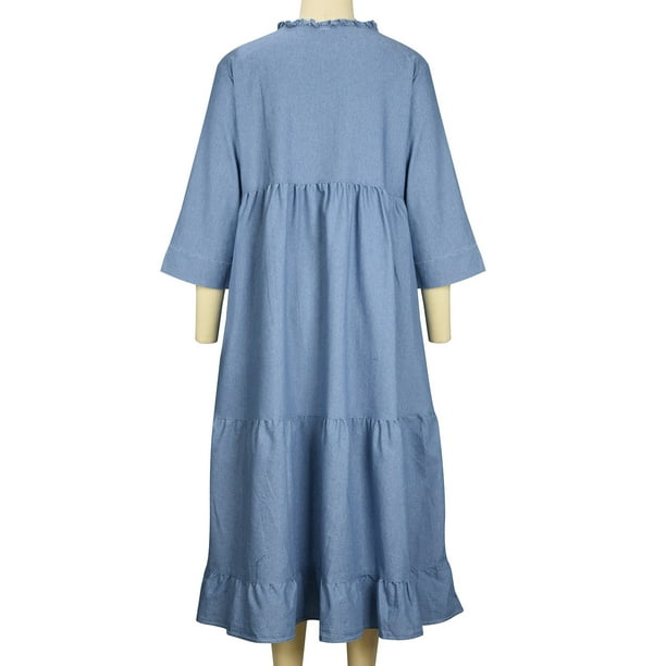 Womens Casual Denim Dress V Neck Half Sleeve Ruffle Tiered Jean Dress  Distressed Plus Size Summer Flared Maxi Dress 
