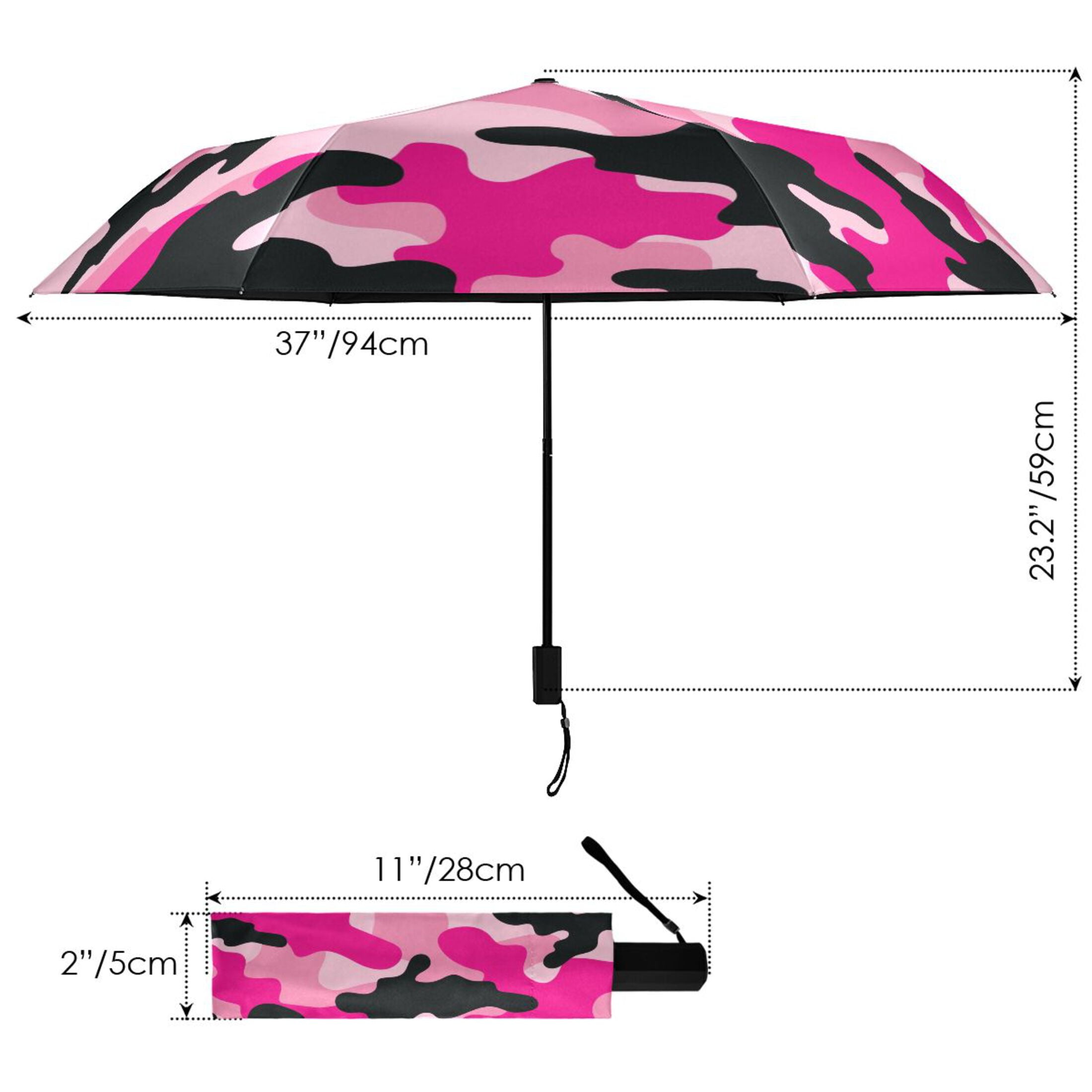 Pink and Black Camouflage Compact Folding Umbrella for Rain Windproof Travel Umbrella UPF 50+ Lightweight Packable Arc Size