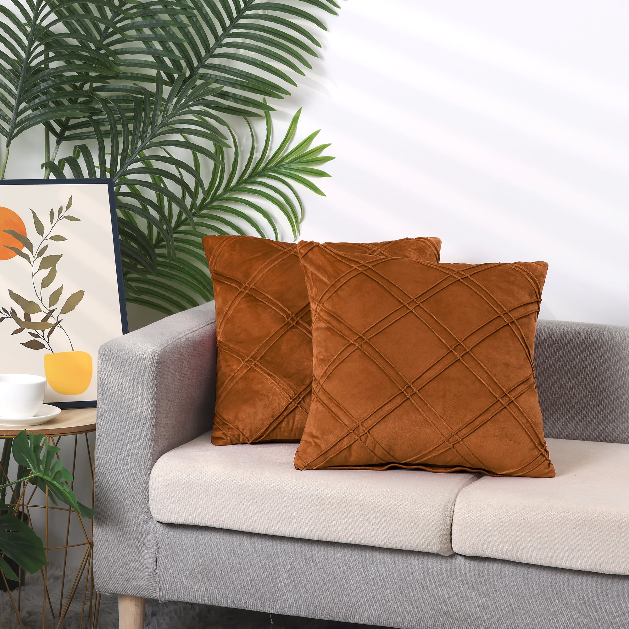 Unique Bargains 2 Diamond Pinch Pleated Solid Decorative Textured Throw Pillow Covers Orange 18" x 18"