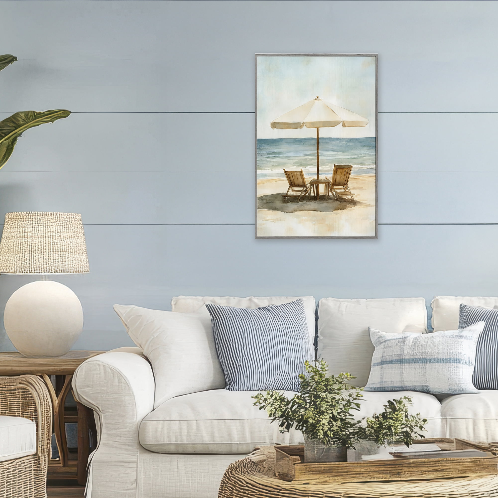 Stupell Industries Watercolor Paradise Seaside Retreat Gray Framed Giclee Art, design by Petal Prints Design