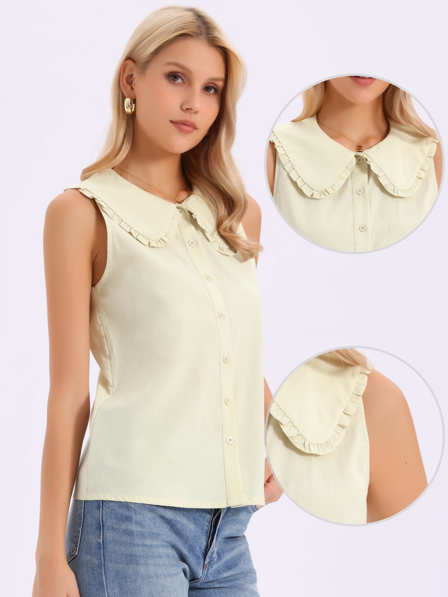 DARING DIVA Women's Button-Down Peter Pan Collar Tank Tops XS Apricot