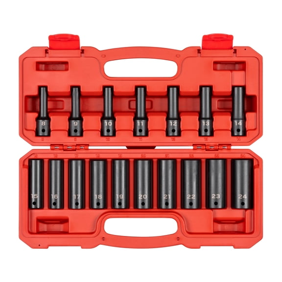TEKTON 1/2 Inch Drive Deep 12-Point Impact Socket Set with Case, 17-Piece (8 - 24 mm) | SID92339