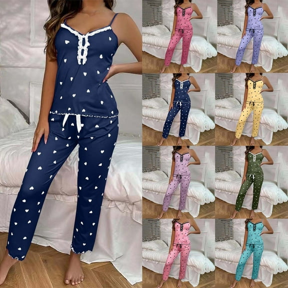 Summer Savings Clearance 2025! Agkizg Summer Womens Pajama Set Two-piece Pjs Sets Plus Size Love Print Cami and Long Pajama Pant Set Soft Sleepwear Loungewear Nightwear Sets Blue XL