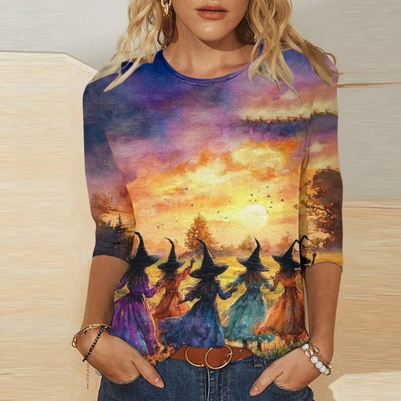 NSLGXD Cute Tshirts Shirts for Women 3/4 Sleeve Crew Neck Five Witches Print Fall Halloween Graphic Tees S-5XL