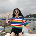 thumbnail image 3 of T-Shirt Rainbow Striped Tops Harajuku Summer Short Sleeve Korean Punk T-shirt Blue Striped M, 3 of 8