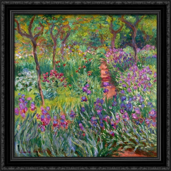 The Iris Garden at Giverny 28x28 Large Black Ornate Wood Framed Canvas Art by Claude Monet