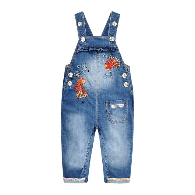 Kidscool Space Baby Girls Easy Diaper Changing Snap Legs Embroidered Cute Denim Overalls,Blue,2-3 Years