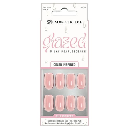 Salon Perfect Artificial Fake Press On Nails, 255 Glazed, Peach, Short Squoval, File, Glue, and Prep Pad Included, 30 Nails