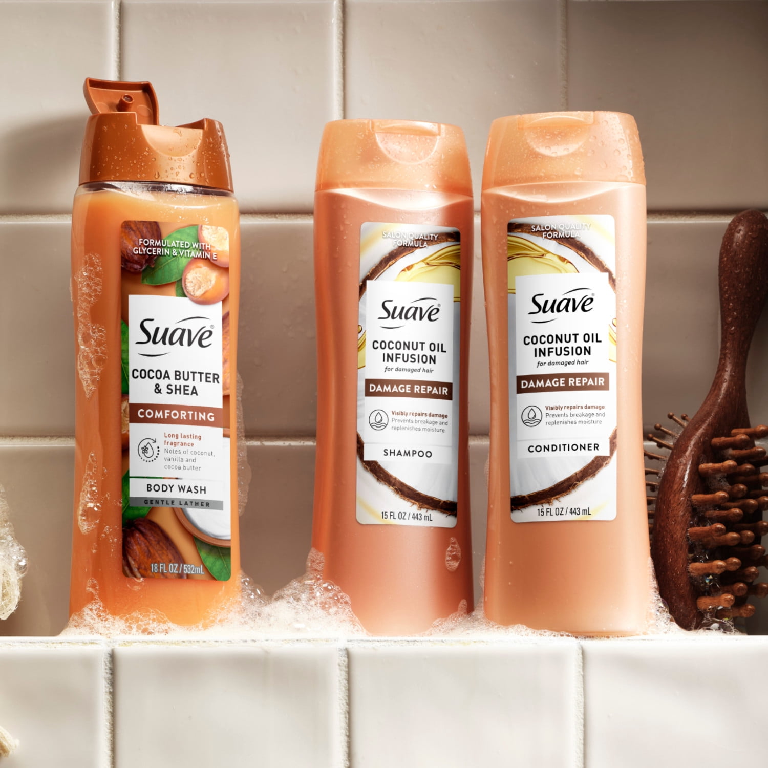 (4 pack) Suave Coconut Oil Infusion Shampoo & Conditioner Value Set for Damaged Hair, 15 fl oz Each