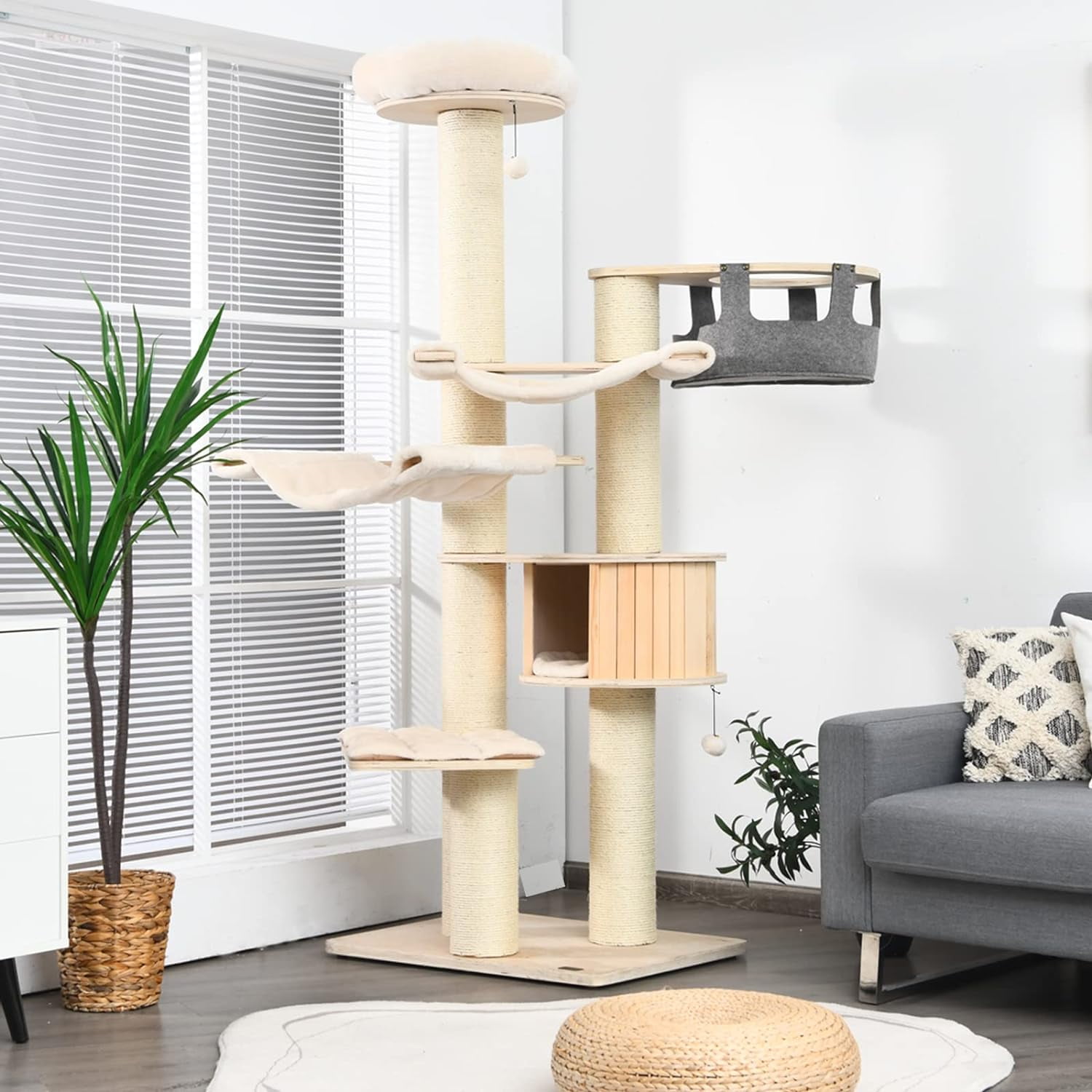 75 Inches Tall Cat Tree for Indoor Cats, Large Cat Tree Tower with Scratching Posts, Cat Condo, Hammock and Basket, Multi-Level Modern Cat Tree for Large Cats 20 lbs Heavy Duty