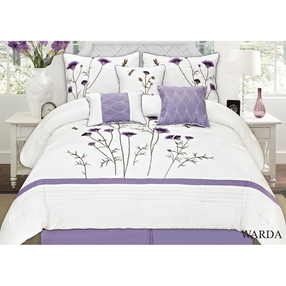 Fancy Linen 7pc Cal. King Embroidery Comforter Set Off White Purple