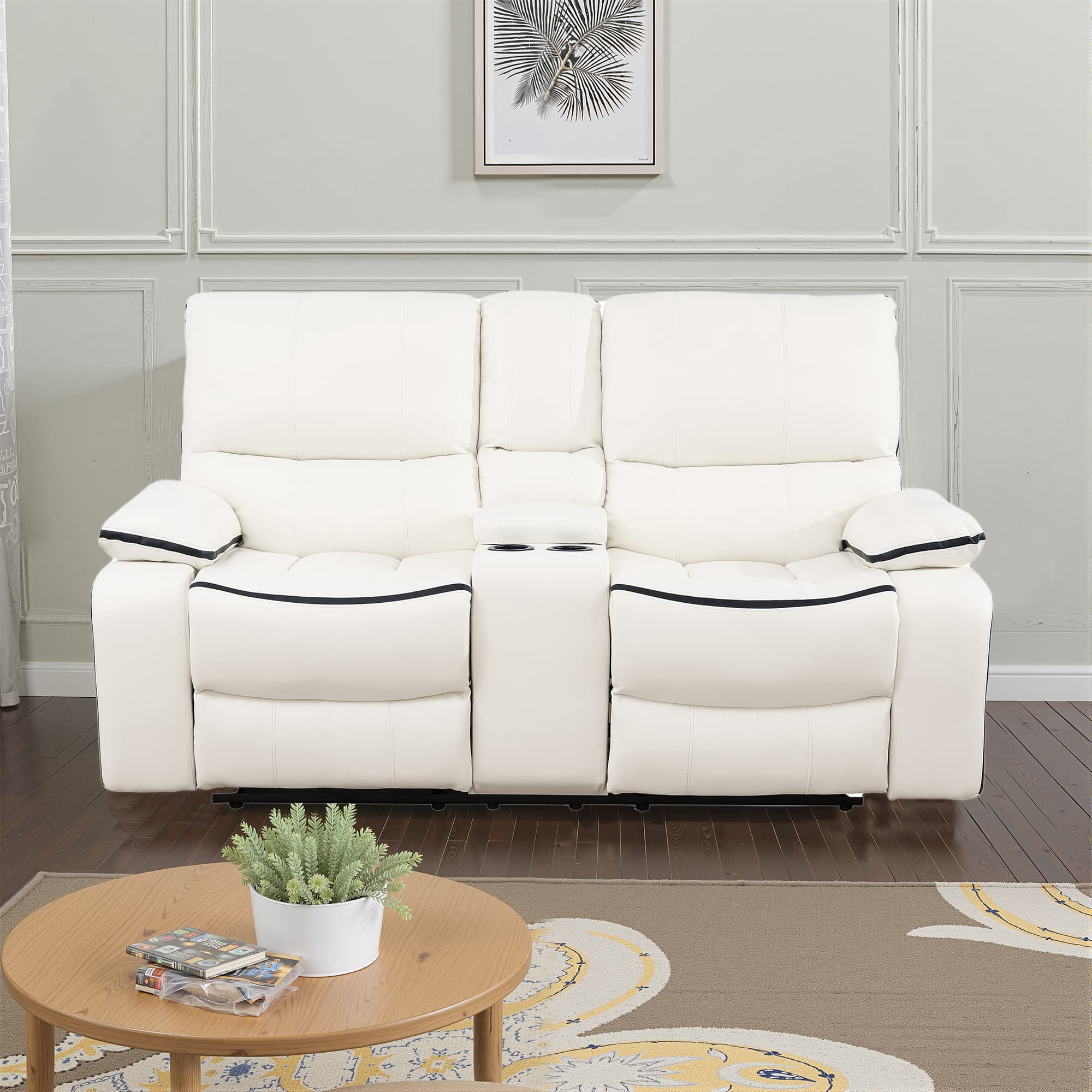 MAYEERTY Power Reclining Loveseat, Electric 2-Seat Breathable Leather Recliner with Storage & Cup Holders for Living Room, White
