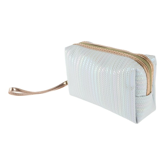 1 Pc Women Solid Color Vertical Stripes Makeup Bag for Travel Vacation Blue PU