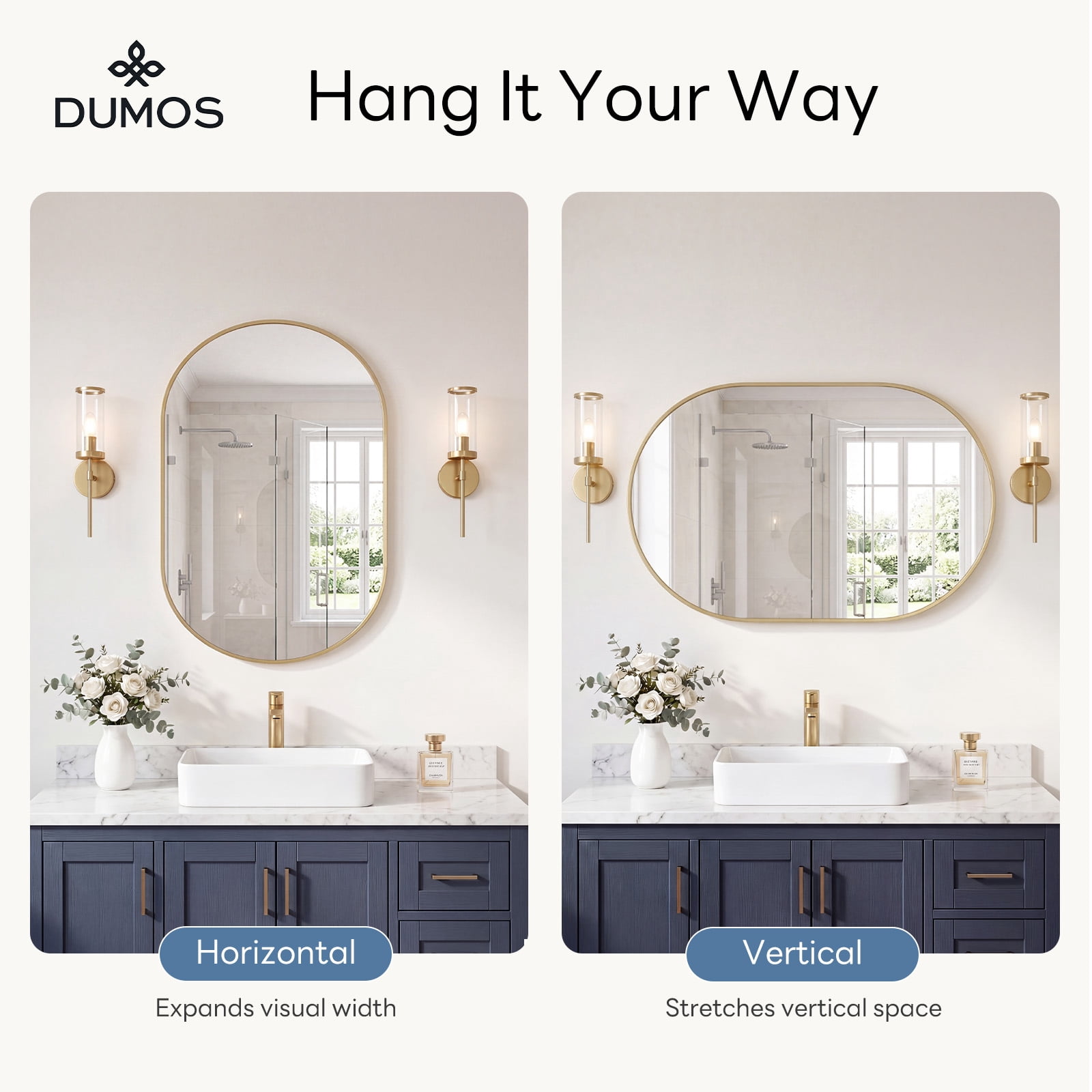 GIANNA 24"x36" Oval Bathroom Mirror – Metal Frame, Elliptical Wall Mirror for Vanity, Gold