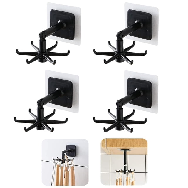 Gancho Plegable Giratorio Multiusos Negro con 6 Soportes Autoadhesivos para Cocina