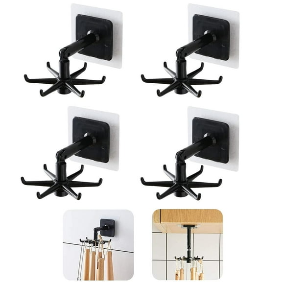 Gancho Plegable Giratorio Multiusos Negro con 6 Soportes Autoadhesivos para Cocina