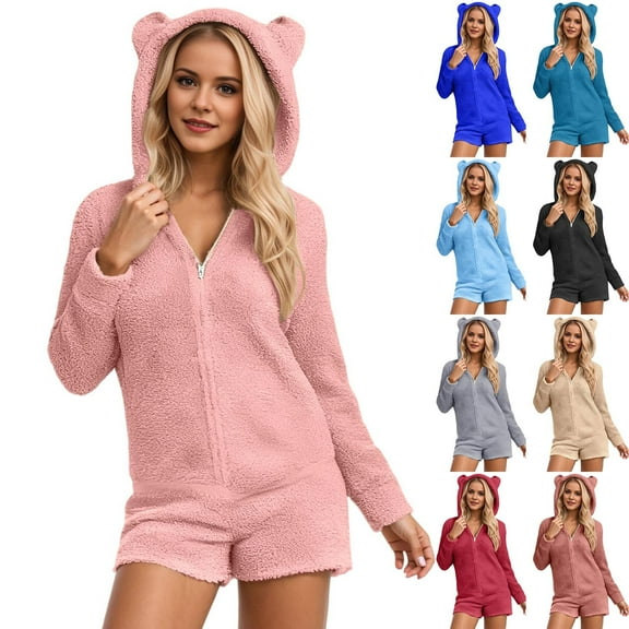 shoper Womens Onesie Pajamas Sherpa Plush Shorts Jumpsuit Womens Hooded Fuzzy Romper Zipper Bear Sleepwear Playsuit Plus Size Rompers