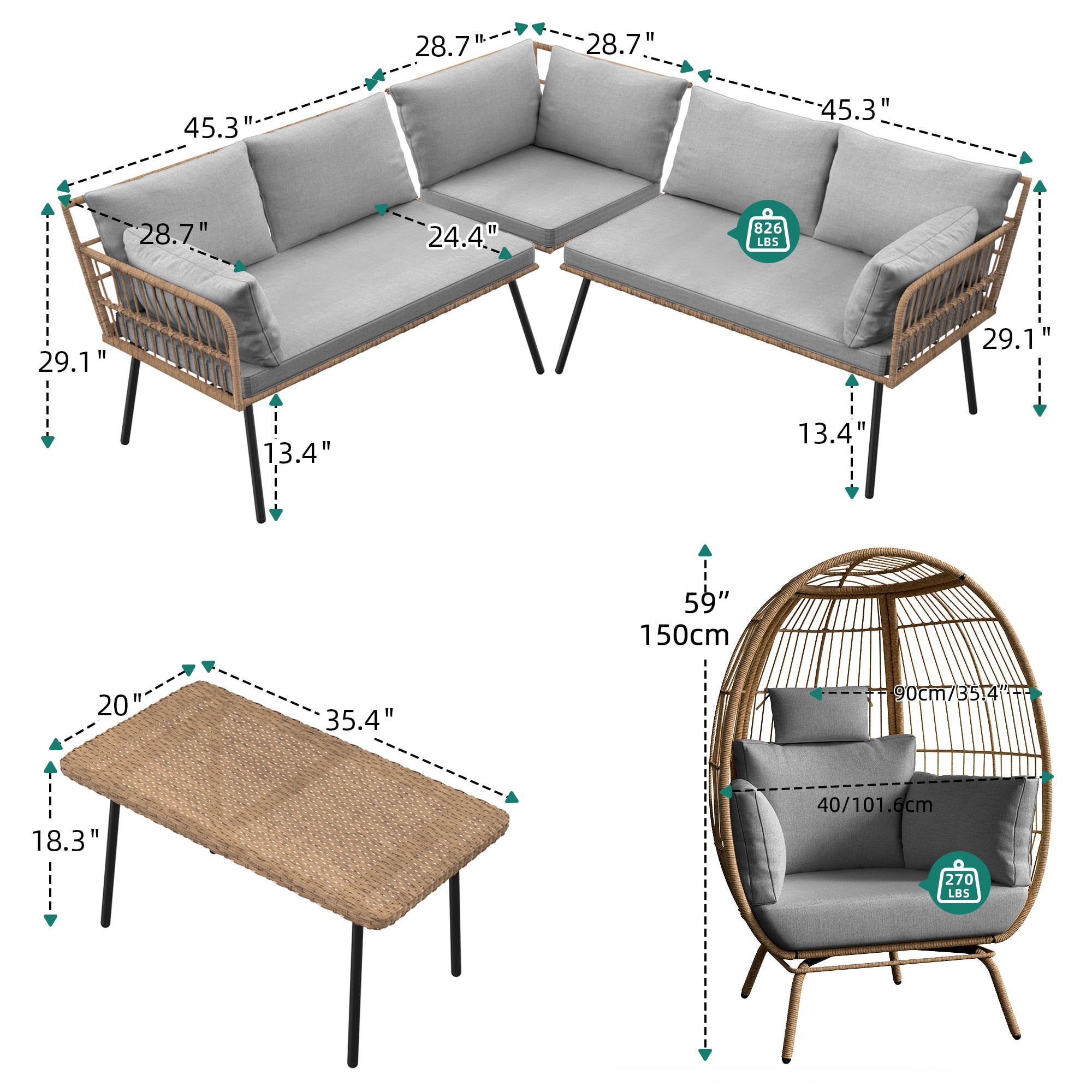 Uforic Patio Conversation Sets,Outdoor Furniture Sofa Set - Club Lounge Chairs Egg Chair,L-Shaped Patio Sofa and Wicker Table & Cushions - Gray