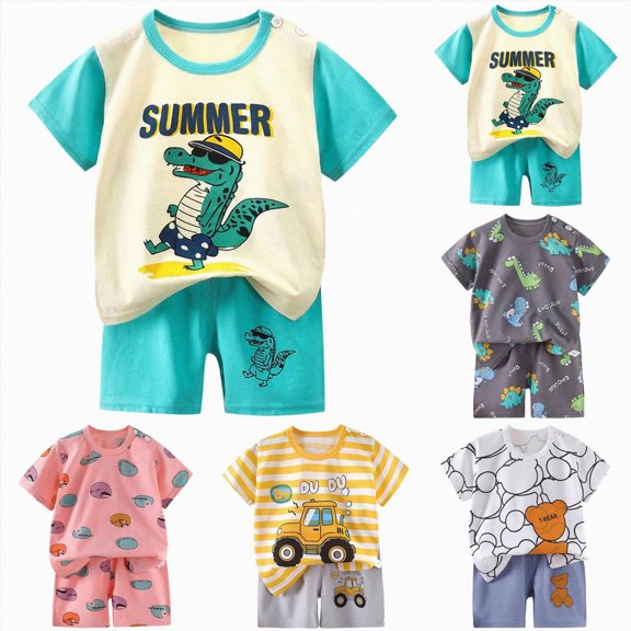 kmaduk Baby Boy's Dinosaur Print Summer Outfit Round Neck Short Sleeve Shirt with Elastic Waist Shorts 2 Piece Set 6 9 month boy clothes Yellow Size 9-18 Months