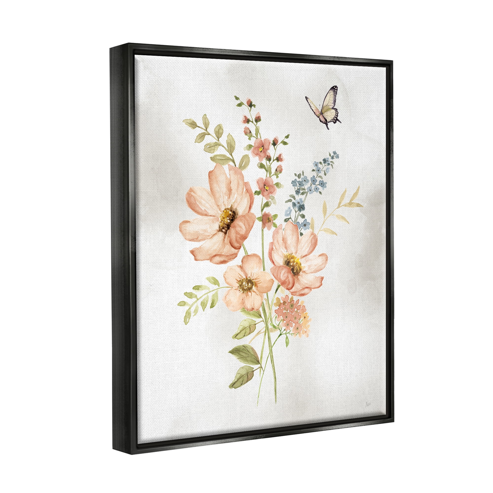 Stupell Industries Pink Daisies & Butterfly Botanical & Floral Painting Black Floater Framed Canvas Art Print Wall Art, 17 x 21