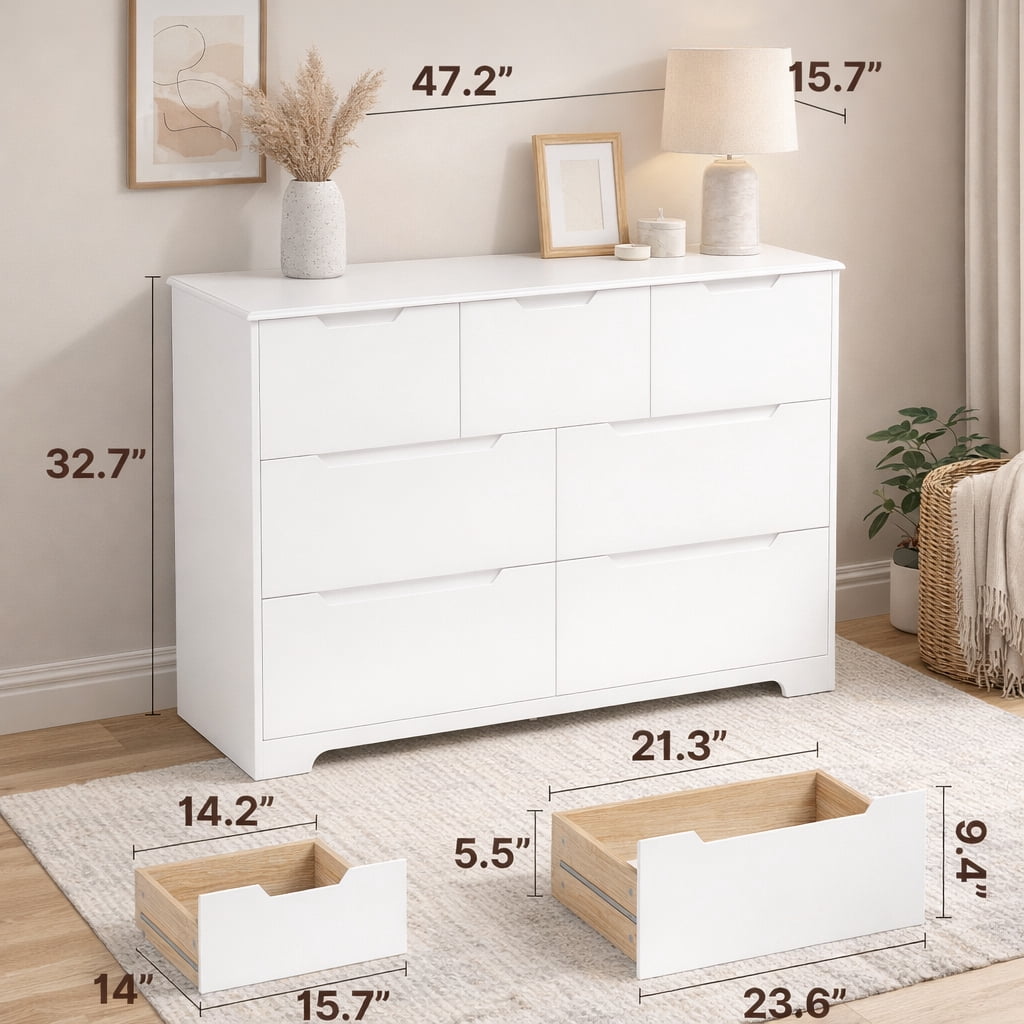 7-Drawer Dresser, 48" Handle-Free Modern Storage Chest - Engineered Wood Dresser for Bedroom, Living Room, Nursery & Entryway, White