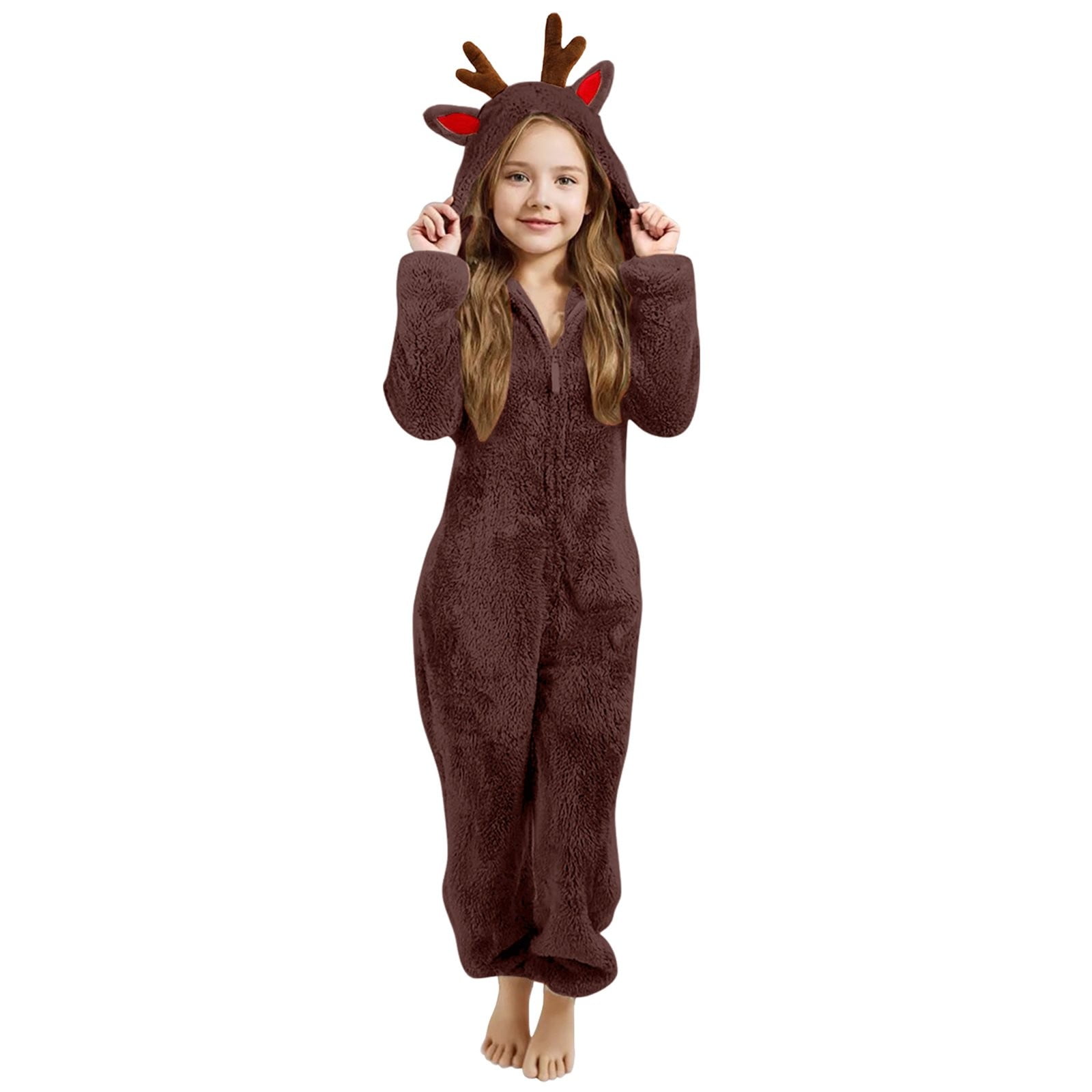 Ruyang Christmas Deer Ears Fleece Jumpsuit for Girls Winter Warm Fuzzy Hooded Onesie Zip Thermal Furry Bodysuit