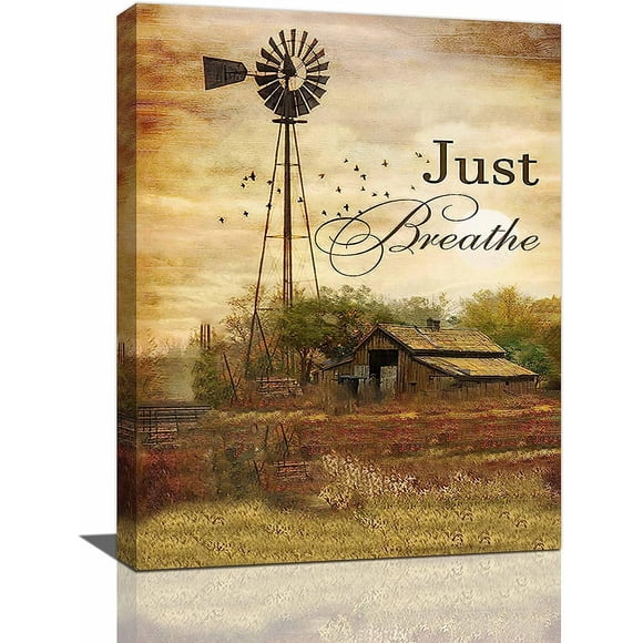 Farmhouse Barn Wall Art Vintage Windmill Wall Decor Rustic Old Barn Pictures Prints Just Breathe Painting Country Canvas Modern Framed Home Decor for Bathroom Bedroom Living Room 12"x16"