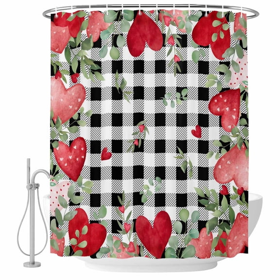 Valentine's Day Love Heart Shower Curtain Set - 48" x 72" Washable Bathtub Curtain with 12 Hooks, Eucalyptus Black Plaid Love Heart Waterproof Fabric Stall Shower Curtains for Bathroom/Bathtub Décor