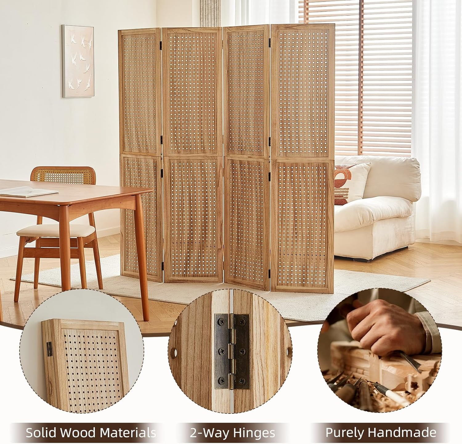 4 Panel Wooden Room Dividers, 5.6FT High Plug-in Folding Screen Made of Natural Wood, Pegboard Display for Bedroom and Shopping Malls and Jewelry Stores, Light Brown