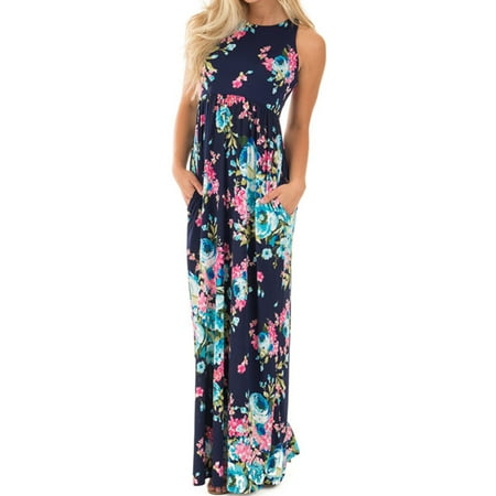 - Sleeveless Floral Print Women's Long Maxi Dress Holiday Wear with Pocket