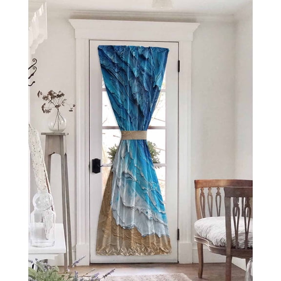 Blue Coastal Beach Blackout Door Curtains for French, Glass,Front, Back, Patio Door, Summer Nautical Oil Painting Thermal Insulated Rod Pocket Window Curtain Drapes With Tiebacks 25"x72"