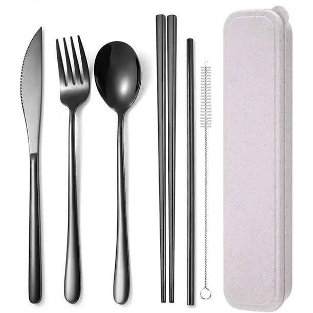 Juego de cubiertos de acero inoxidable de 6 piezas, juego de cubiertos portátil reutilizable, juego de utensilios de viaje, incluye palillos, cuchillo, tenedor, cuchara, pajita, cepillo de limpieza, JAMW Sencillez