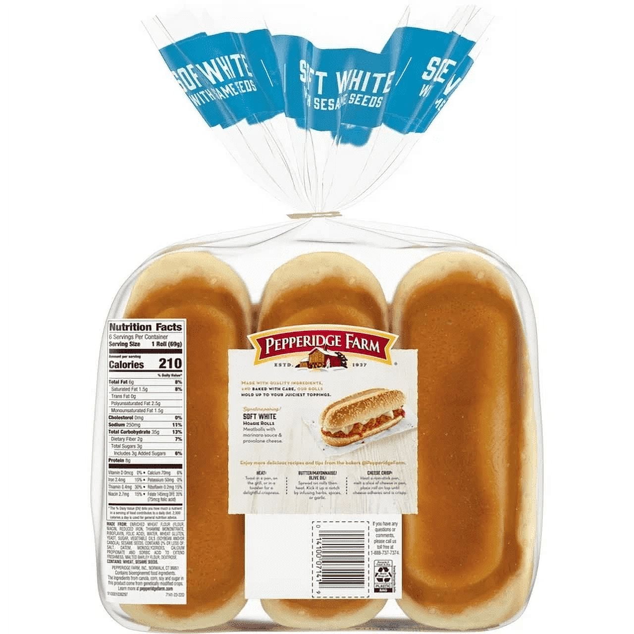 Pepperidge Farm Soft White Hoagie Rolls with Sesame Seeds, 3-Pack 6 Count Bags