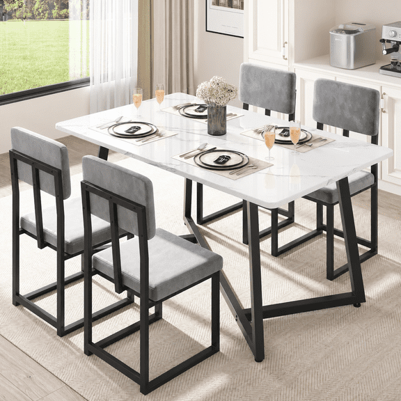 PAPROOS Dining Table Set for 4, 5 Piece Dining Room Table Set with Faux Marble Top and Fabric Upholstery Chairs, Modern Dinette Sets for Breakfast Nook, Kitchen Table and Chairs Set, White&Gray