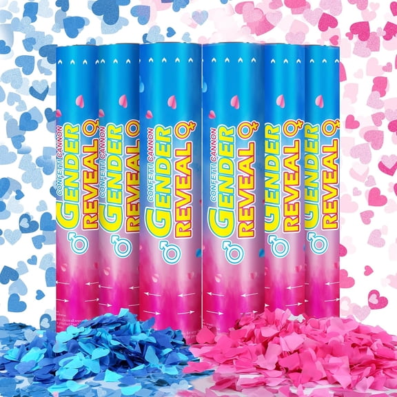 Gender Reveal Confetti Cannons Party Poppers – Cannon Kit with Heart-Shaped Easy Twist Shooters for Baby Decorations (Pink & Blue)